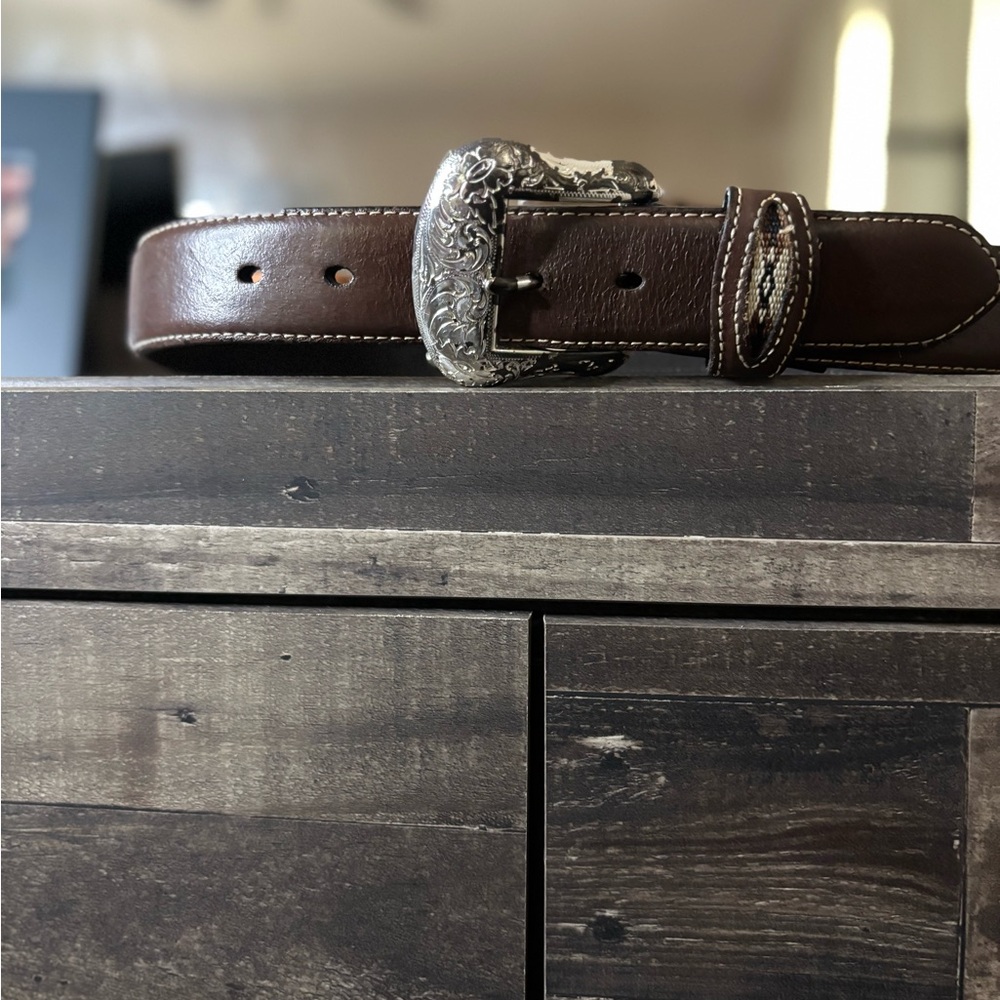 Brown Leather Belt with Silver Buckle